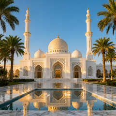 Fototapeta premium Miniature model of a mosque displaying architectural design features, Mosque Architecture: A stunning white mosque with intricate details and golden accents stands majestically against a clear sky, 