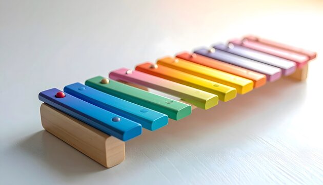A colorful wooden xylophone toy rests on a white surface, showcasing vibrant rainbow hues and simple design, evoking childhood joy and musical discovery