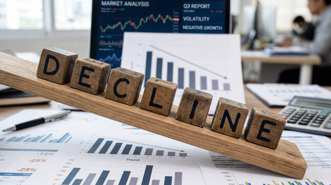 Wooden Blocks Spelling 'Decline' on Financial Charts