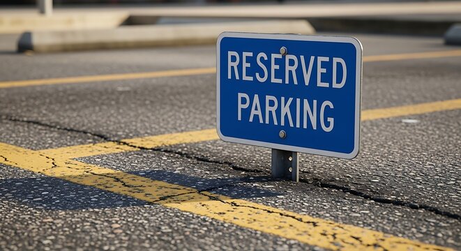 Close-up of reserved parking space sign painted on asphalt in soft daylight. Urban setting concept highlighting transportation rules and designated vehicle area.