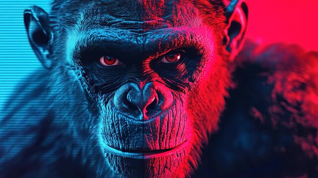 Close-up, digital art, ape face, vibrant colors, glitch effect