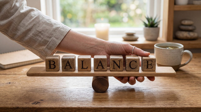 Woman balancing wooden blocks spelling BALANCE on a fulcrum
