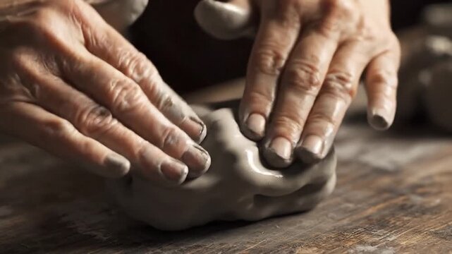 Aged hands shaping raw clay on a rustic wooden table