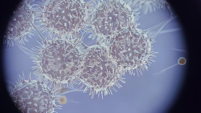 Microscopic view of spherical cells with protruding structures and fine filaments, showcasing cellular interactions and movement in a clear blue background environment