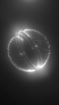Monochrome abstract glowing sphere with dotted rim and soft light beams on a dark background, creating a minimal futuristic orb