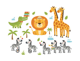 Fototapeta premium Adorable safari animals collection for children’s designs. Friendly lion, playful zebras, two giraffes, and a clever alligator with books