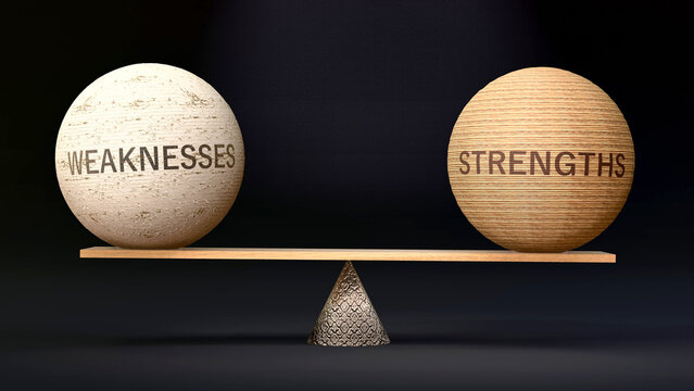 Strengths and weaknesses in balance - balancing stones on a scale symbolizing harmony, equity and equilibrium between weaknesses and strengths. Harmonious and beneficial situation. ,3d illustration