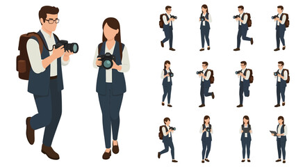 Obraz premium Male and Female Photographers in Various Poses Holding Cameras, Wearing Vests and Backpacks, Vector Illustration