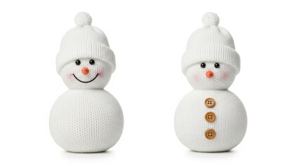 Two adorable white knitted snowman dolls with unique facial features and accessories.