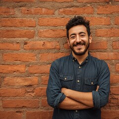 Obraz premium Handsome young hispanic man with a beard smiling in front of an isolated brown brick wall background