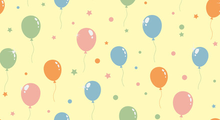 Seamless pattern of colorful balloons and stars on a yellow background, celebration theme