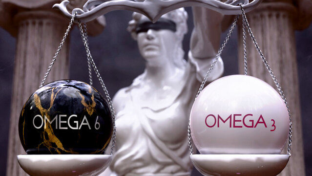 Omega 6 or Omega 3 as a choice, two options to choose from. Greek statue presenting two alternatives: omega 6 or omega 3, weighing their values. Looking at pros and cons. ,3d illustration