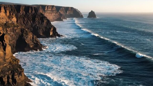 Cinematic coastal landscape showing powerful ocean waves crashing against dramatic rocky sea cliffs under warm golden hour light with a vast blue horizon.