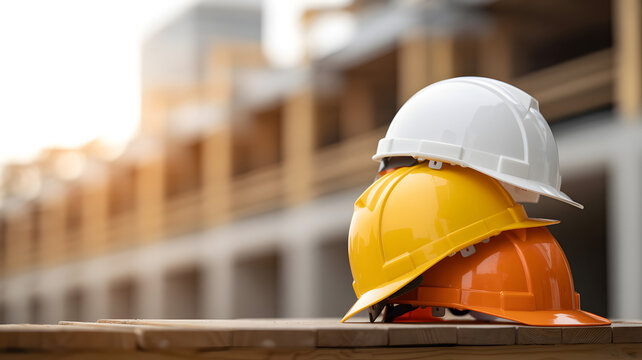 A stack of hard hats on a construction site background