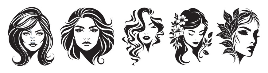 Woman face hairstyle evolution set diverse styles black white vector illustration