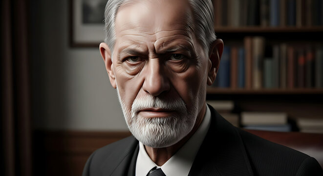 Ultra-high-resolution 8k portrait of Sigmund Freud, visible pores, lifelike realism
