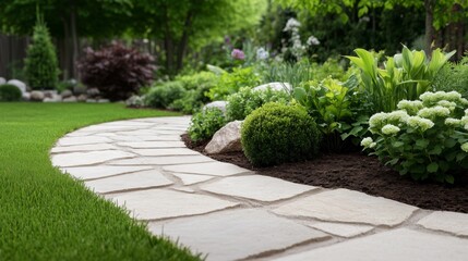 Garden stone path curving through green lawn and lush flowering plants
