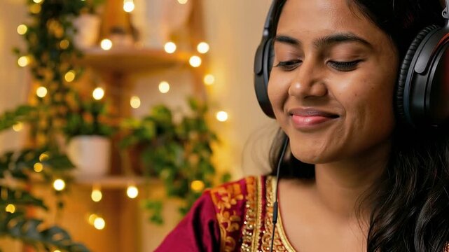 A woman with a relaxed expression uses a tablet while wearing headphones. The background features decorative plants and soft lights, creating a homey atmosphere