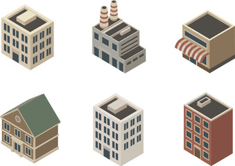 Isometric city buildings collection including apartment block house shop and factory structures urban architecture vector illustration set © Itz Rakib