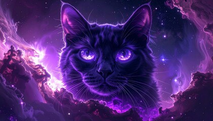 Surreal purple cat with glowing eyes in space, full detail