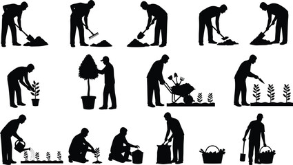Black silhouette set of male gardener working with shovel rake wheelbarrow watering can planting trees and harvesting vegetables in garden. © Shain