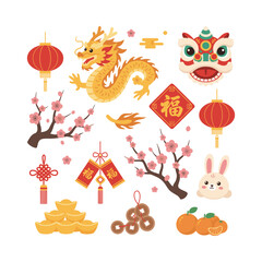 Fototapeta premium Chinese New Year cultural symbols collection. Celebrating Lunar New Year with a dragon, lanterns, rabbit, blossoms, and gold elements