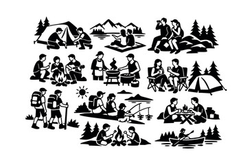 Fototapeta premium People engaging in different outdoor activities including camping, hiking, fishing, cooking, and relaxing around a campfire