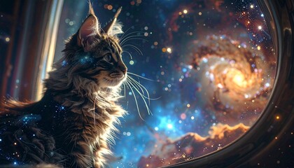 A curious cat gazes out a space window at a vibrant galaxy with stars.