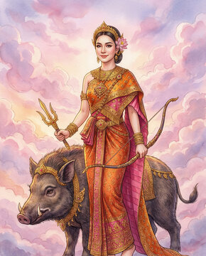Thai Songkran Goddess Nang Rakshas Devi on Wild Boar, songkarn 2569 Goddess in Traditional Costume, songkran festival 2026