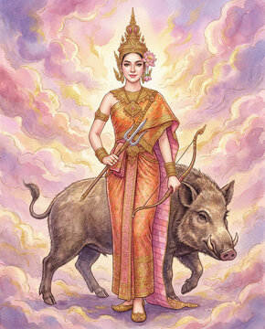 Thai Songkran Goddess Nang Rakshas Devi on Wild Boar, songkarn 2569 Goddess in Traditional Costume, songkran festival 2026