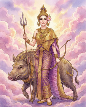 Thai Songkran Goddess Nang Rakshas Devi on Wild Boar, songkarn 2569 Goddess in Traditional Costume, songkran festival 2026