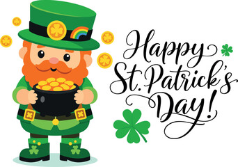 Happy St. Patrick&rsquo;s Day Leprechaun with Pot of Gold and Shamrock &ndash; Irish Holiday Vector Illustration