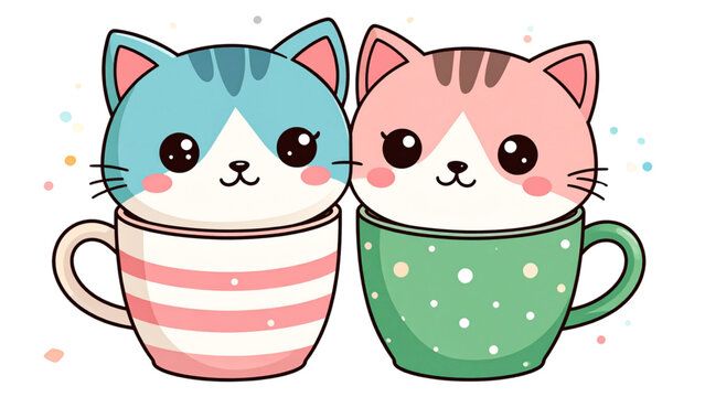 Cute cats in patterned coffee cups cartoon illustration with sweet love theme, kawaii animals, and playful pastel flat style