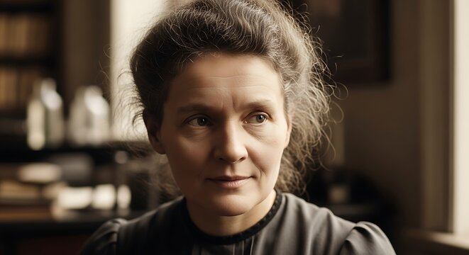 Marie Curie in a candid, realistic painting with a faint smile