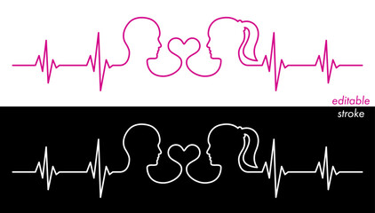 Fototapeta premium Editable stroke line love couple, man, woman head, heart line art vector. Heart rhythm ekg vector design to use for love, healthy lifestyle, emotion, romance concept illustration projects. 