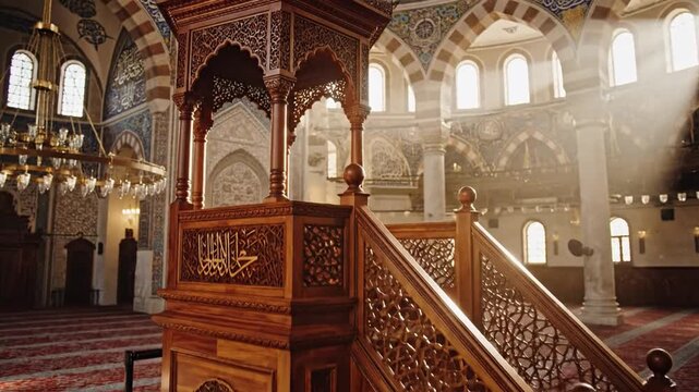 Intricately Carved Wooden Minbar in a Majestic Mosque Interior