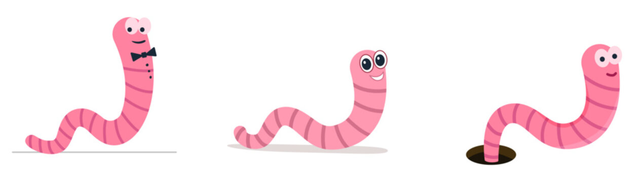 Pink worm, flat style. Earthworm is a cartoon character. vector Isolated illustration Worm on white background.