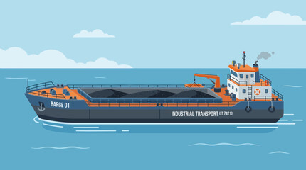 Fototapeta premium Barge carrying coal in the ocean, industrial transport vessel, cargo ship, maritime logistics