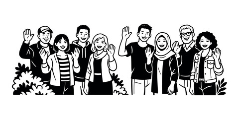 Obraz premium Diverse group of smiling individuals from various backgrounds welcoming and introducing themselves, forming a friendly and cohesive team