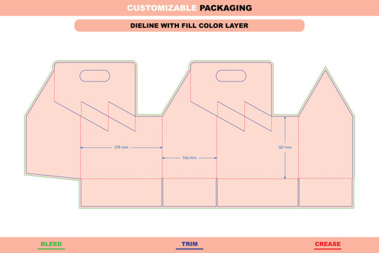Six pack carrier box dieline with handle for cans detailed customizable vector packaging template beverages editable trendy design precise die line printing