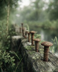 Rusty Nails In Weathered Wooden Beam, Forest Stream