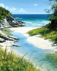 Pixilated Coastal Landscape With River Leading To Beach