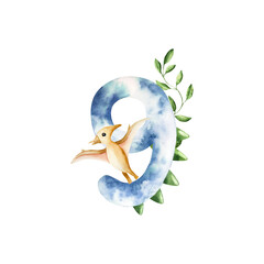 Cute dinosaur number nine with triceratops and palm. Watercolor hand drawn prehistoric Spinosaurus, Brachiosaurus animal. Isolated illustration on transparent background. Perfect for for nursery and © Natalia