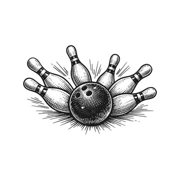 Vintage bowling strike engraving, hand drawn retro bowling pins and ball sketch isolated