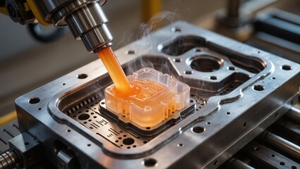 Close-up of plastic injection molding with molten orange polymer entering metal mold cavity through nozzle, highlighting high temperature forming process