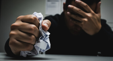 Fototapeta premium A person's hand tightly crinkling a piece of paper, symbolizing intense frustration and stress, with a blurred figure covering their face in the background.