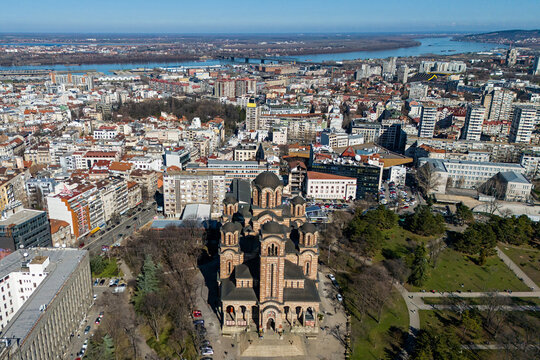 Belgrade cityscape drone view of Saint Mark's church (crkva svetog Marka)
