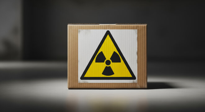 A prominent cardboard box displaying a yellow and black radioactive warning symbol, highlighting the presence of hazardous materials for safety and industrial contexts.