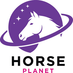 Horse planet logo vector featuring horse head silhouette inside planetary ring and stars, creative animal emblem design for equestrian brand, stable business identity. © Amit World