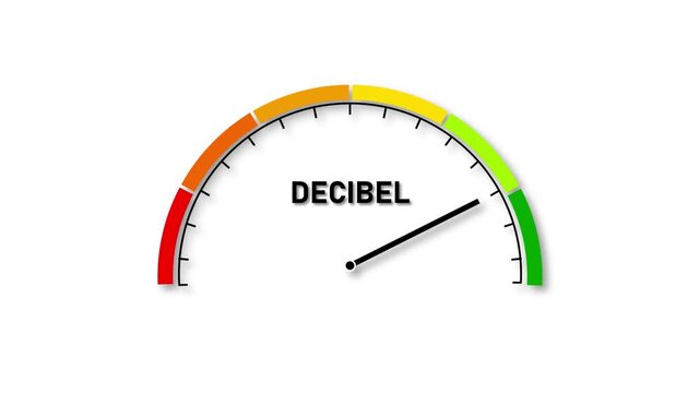 A semicircle gauge with a needle pointing to high on the decibel scale with red, orange, yellow, and green color segments